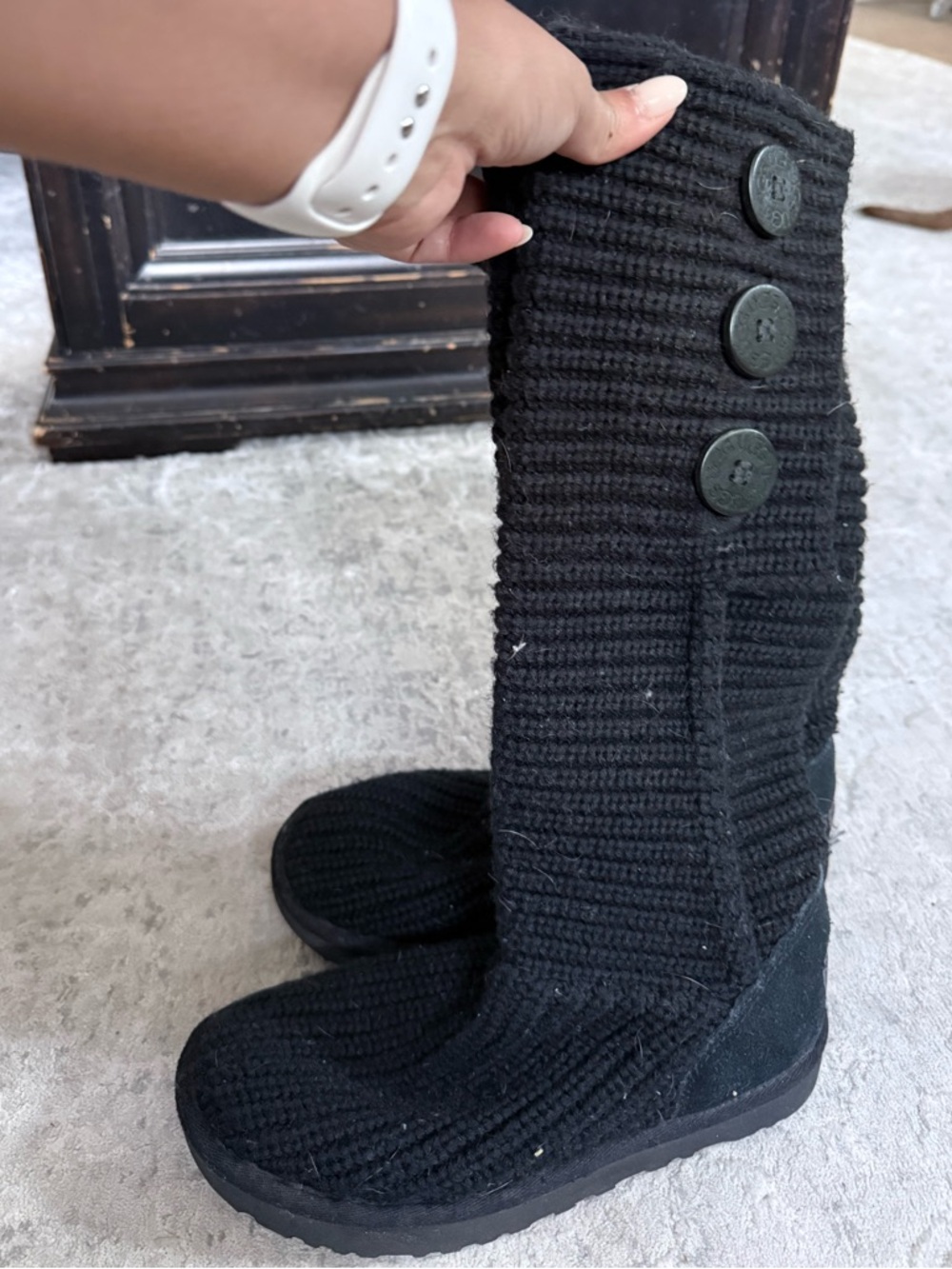 UGG Cardy Black Knit Button-Detail Tall Boots
